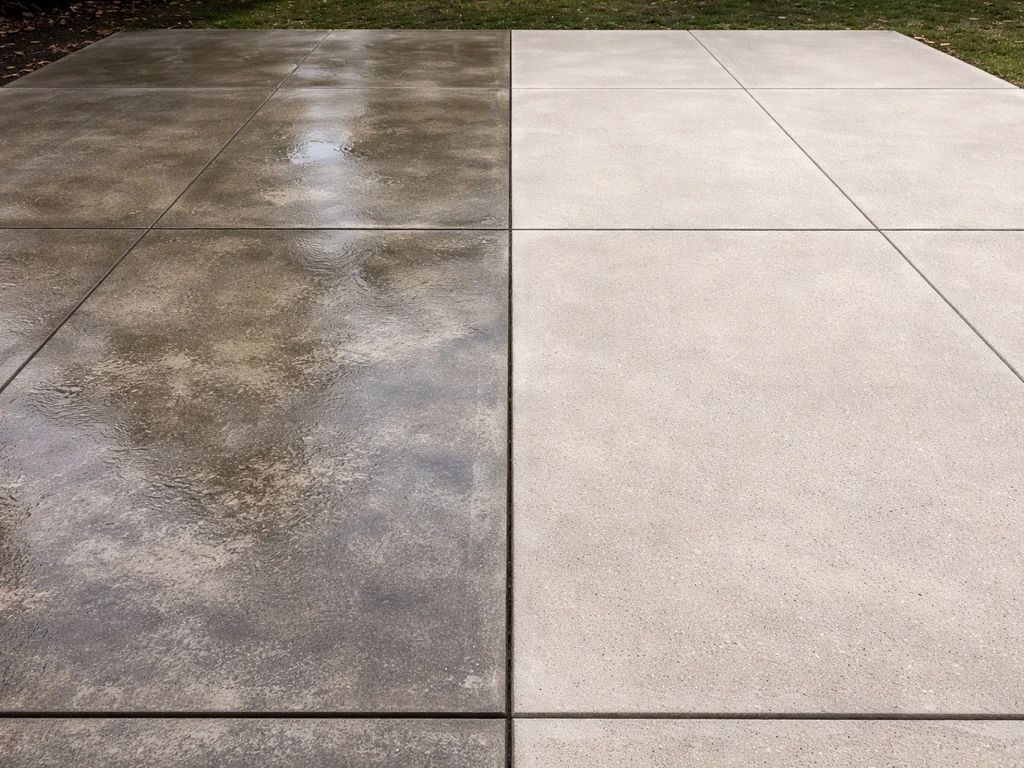 Split view of a concrete patio: failing sealed sheen vs cleaned bare concrete after stripping
