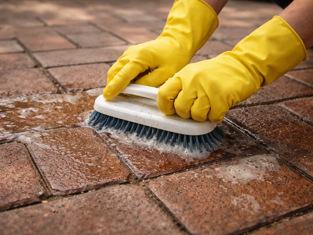 Gloved hands brushing water-based alkaline stripper into a brick patio, showing grime release in the pores