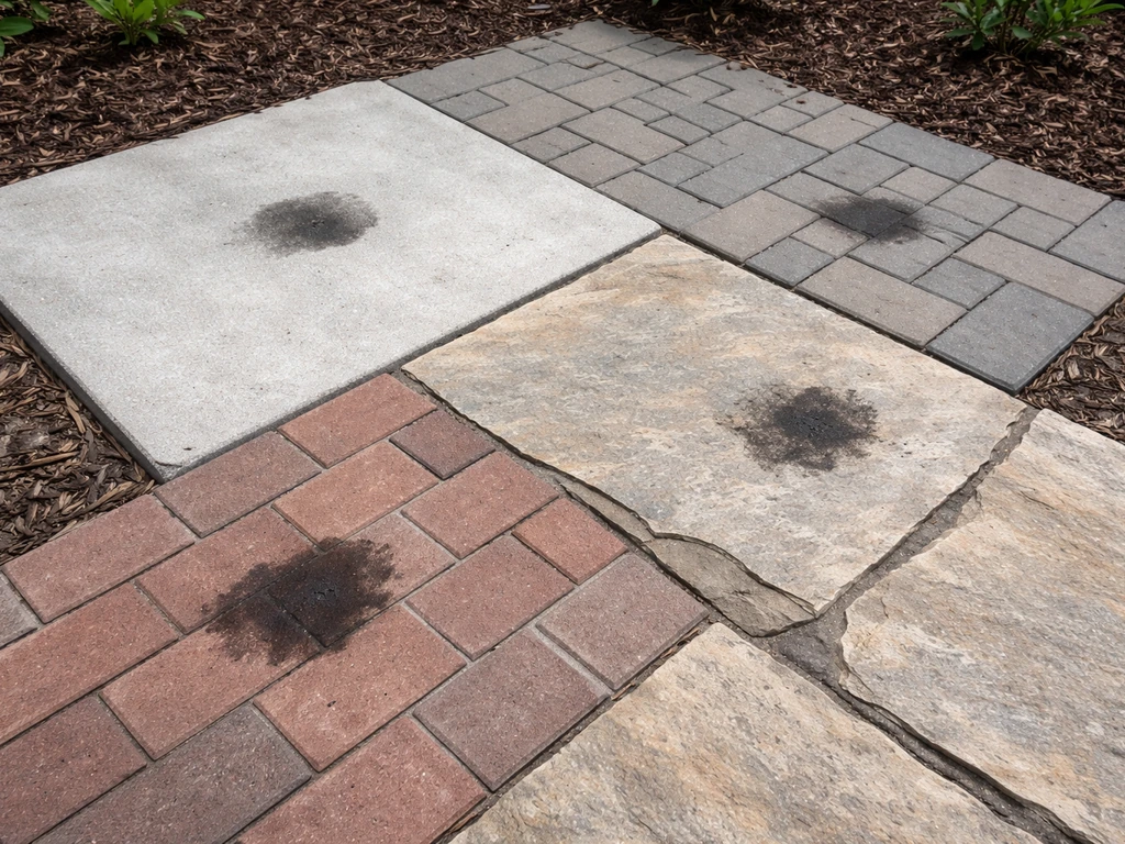 Minimal photo showing four patio surface samples with grease smudges for identifying the right cleaner.