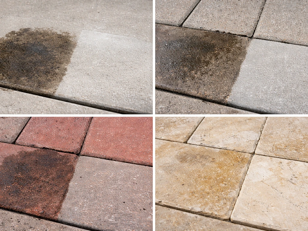 Close-up comparison of four patio materials showing grease-stained vs cleaned areas on concrete, pavers, brick, and ston