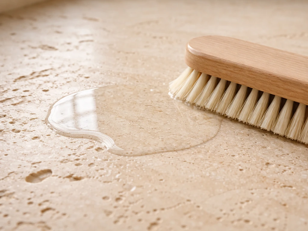 Light travertine countertop being cleaned with a pH-neutral degreaser and a soft brush