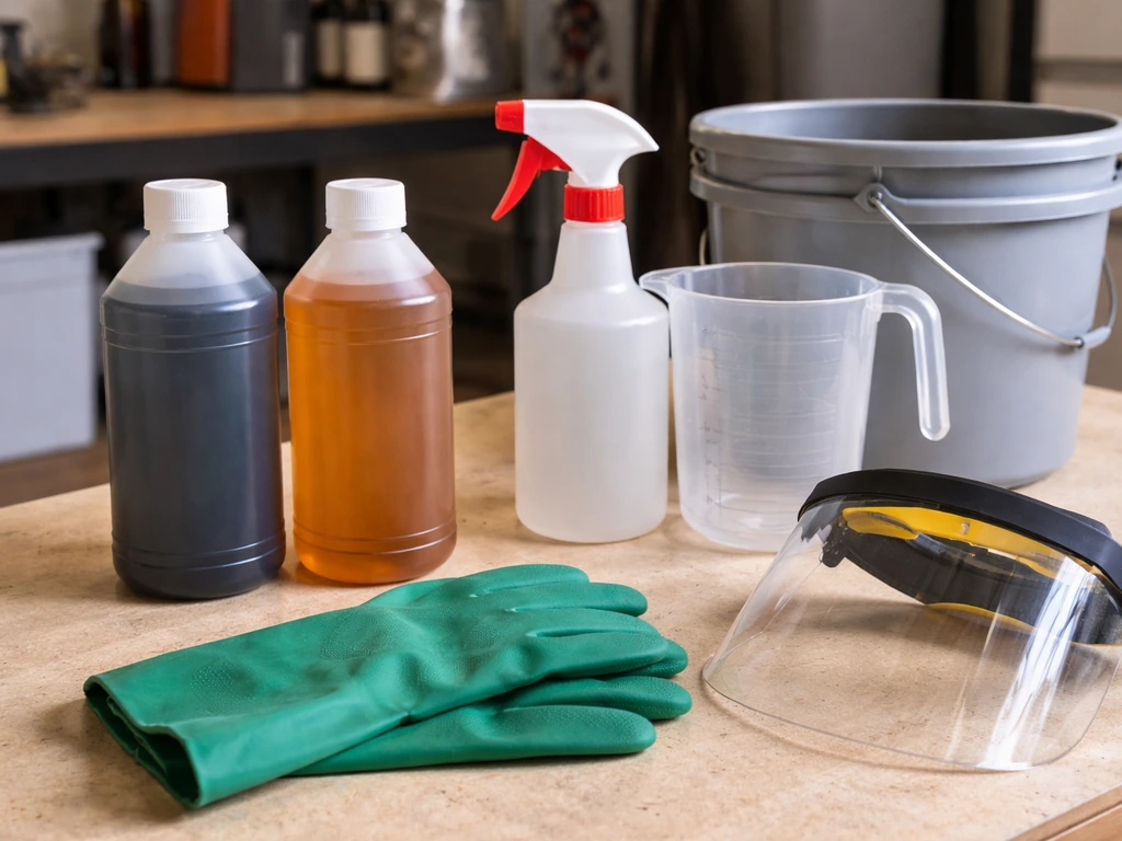 Muriatic and phosphoric acid bottles with safety gear and tools laid out on a workshop table.