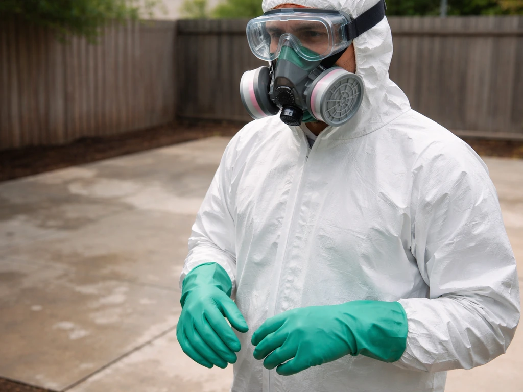 Person wearing chemical-resistant gloves, splash goggles, and an acid-gas respirator beside a concrete patio.