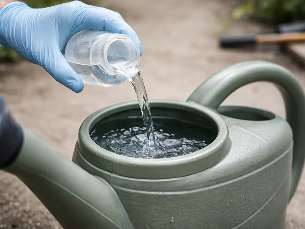 Gloved hands pour a diluted acid solution into a pre-filled plastic watering can with water, safely and carefully.