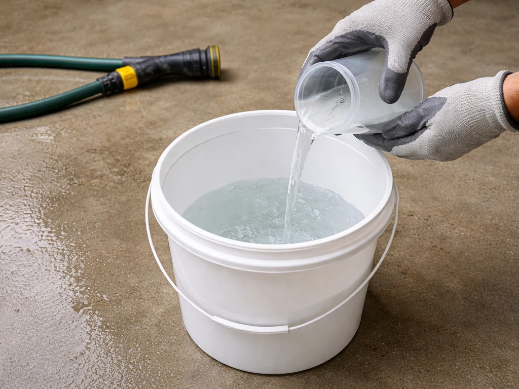 Person pours concrete neutralizer into a bucket and applies it after rinsing with water