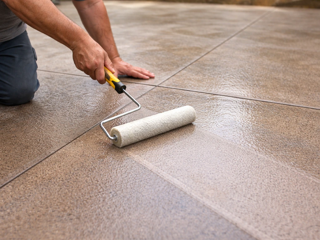 Hands using a roller to apply clear concrete sealer to a fully dried etched patio, leaving even sheen.