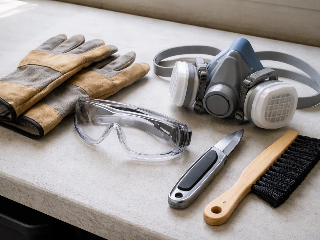 Close-up of gloves, goggles, and respirator with a utility knife and dust brush on a clean surface.