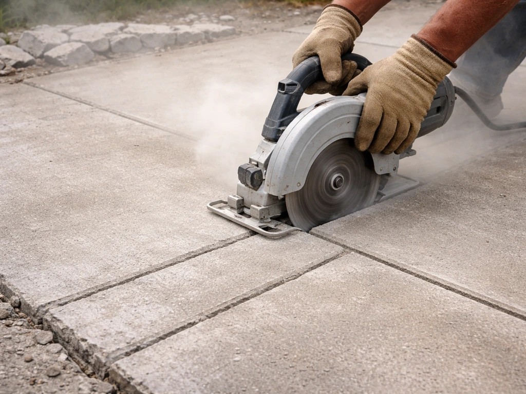 Worker cutting a concrete patio with a diamond masonry blade, scored lines ready to break apart