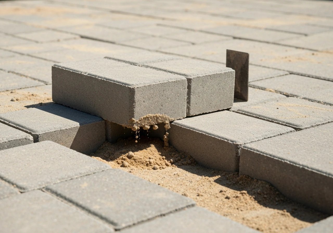 Concrete paver being pried up from a sand base on a patio, showing the separation gap.