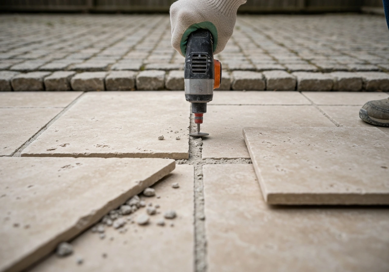 Close-up of cutting travertine grout lines on an outdoor patio and lifting a tile.