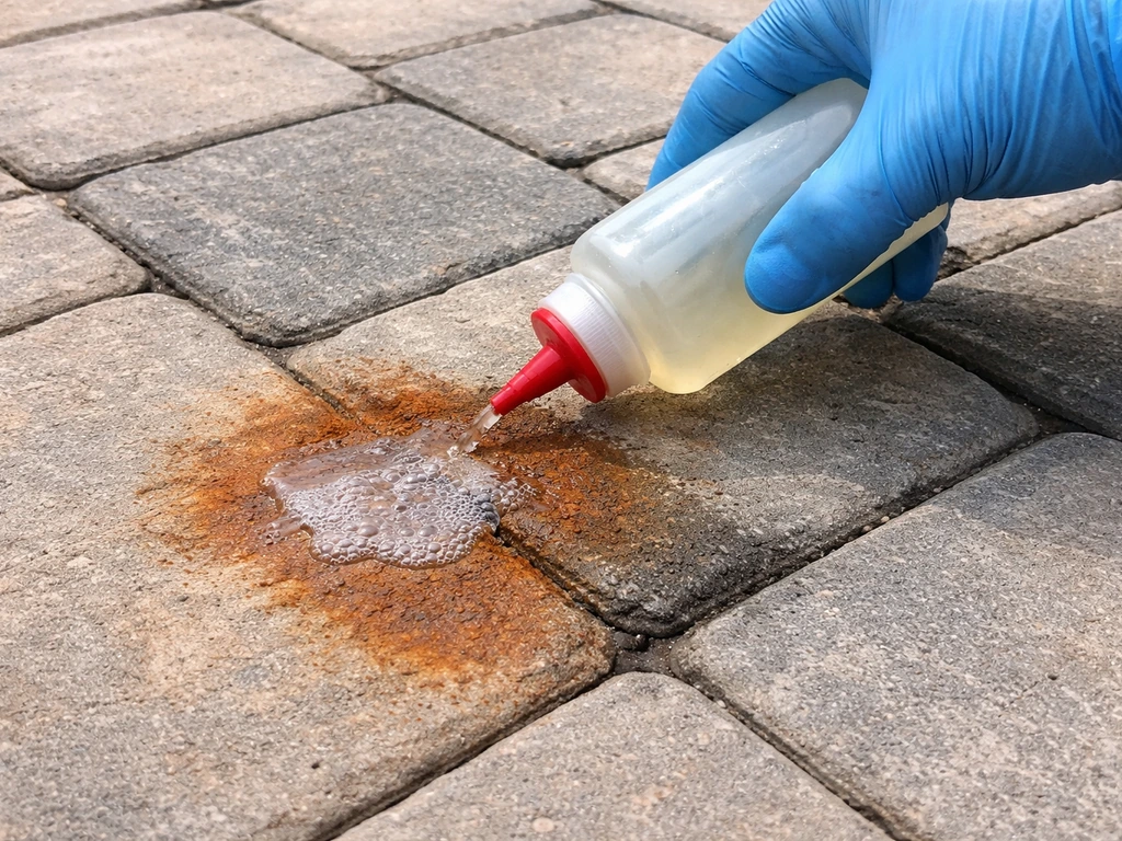 Gloved hand applying rust remover to a rust-stained concrete paver, wet treated spot visible.