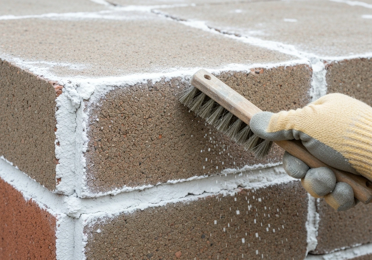 Hand brushing white chalky efflorescence from a concrete/brick wall with a wire brush