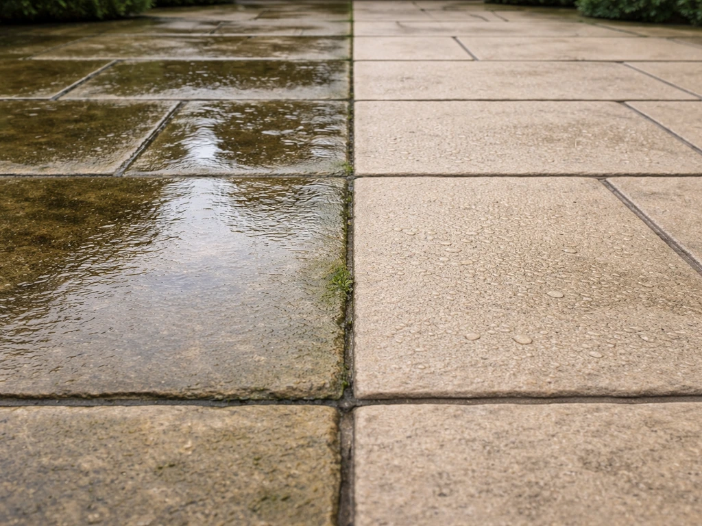 Close-up of a concrete patio with wet slippery spots beside a cleaner, less reflective treated area for better traction.