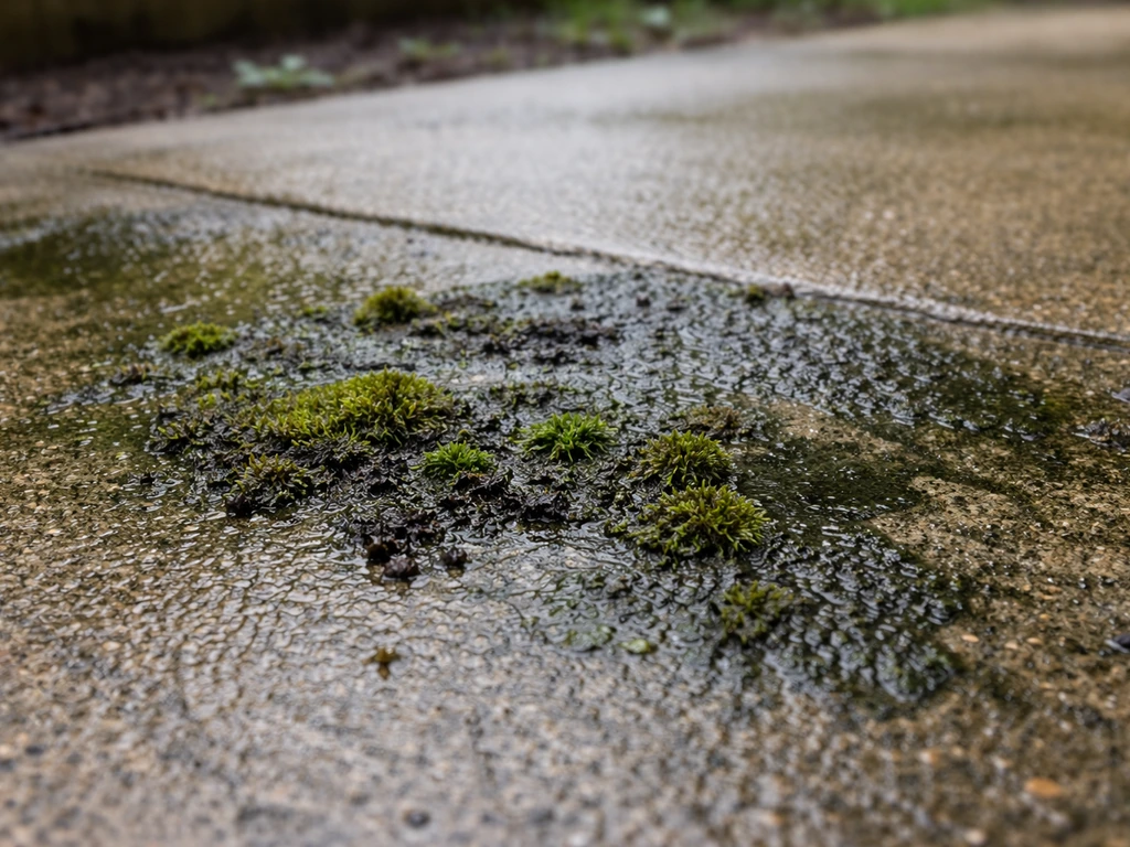 Close-up of dark green/black algae or lichen film on a concrete patio surface, slightly wet and slippery.