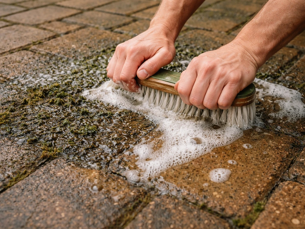 Foamy patio cleaner and scrub brush loosening dark algae and moss on a brick pavement