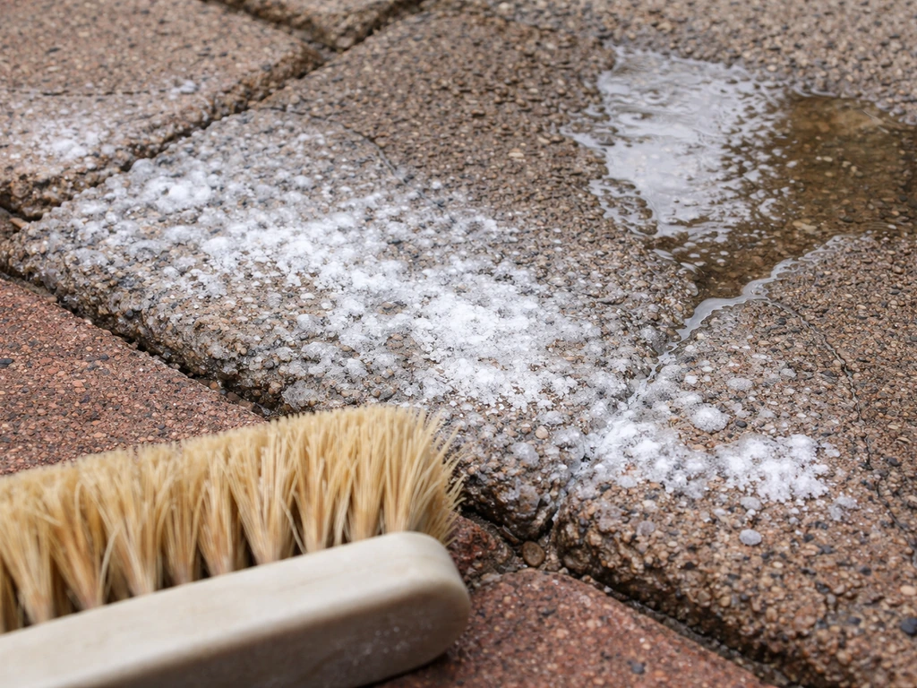 Close-up of white chalky efflorescence on concrete with a brush and nearby rinse water.