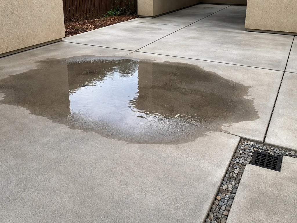 Wide patio view with a low spot where rainwater pooled, wet patch contrasting with dry concrete and drainage area.