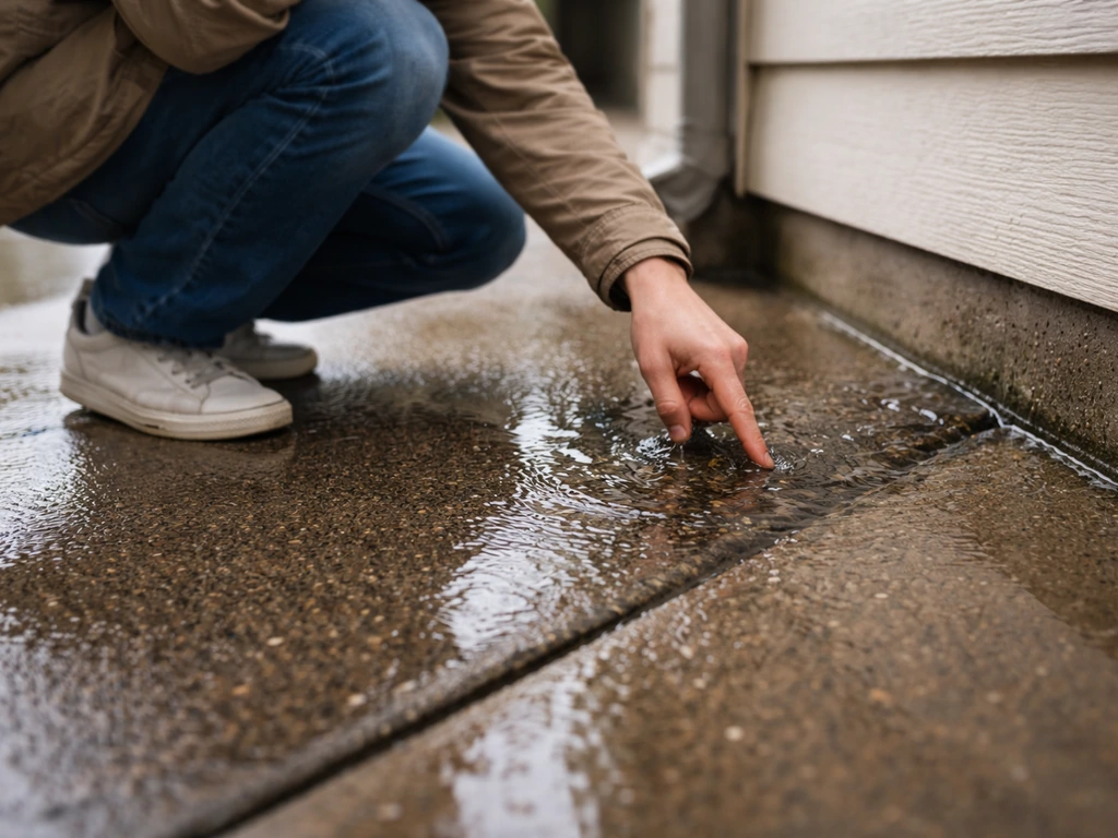 Person crouches on a wet patio, pointing to a low corner where rainwater pools.