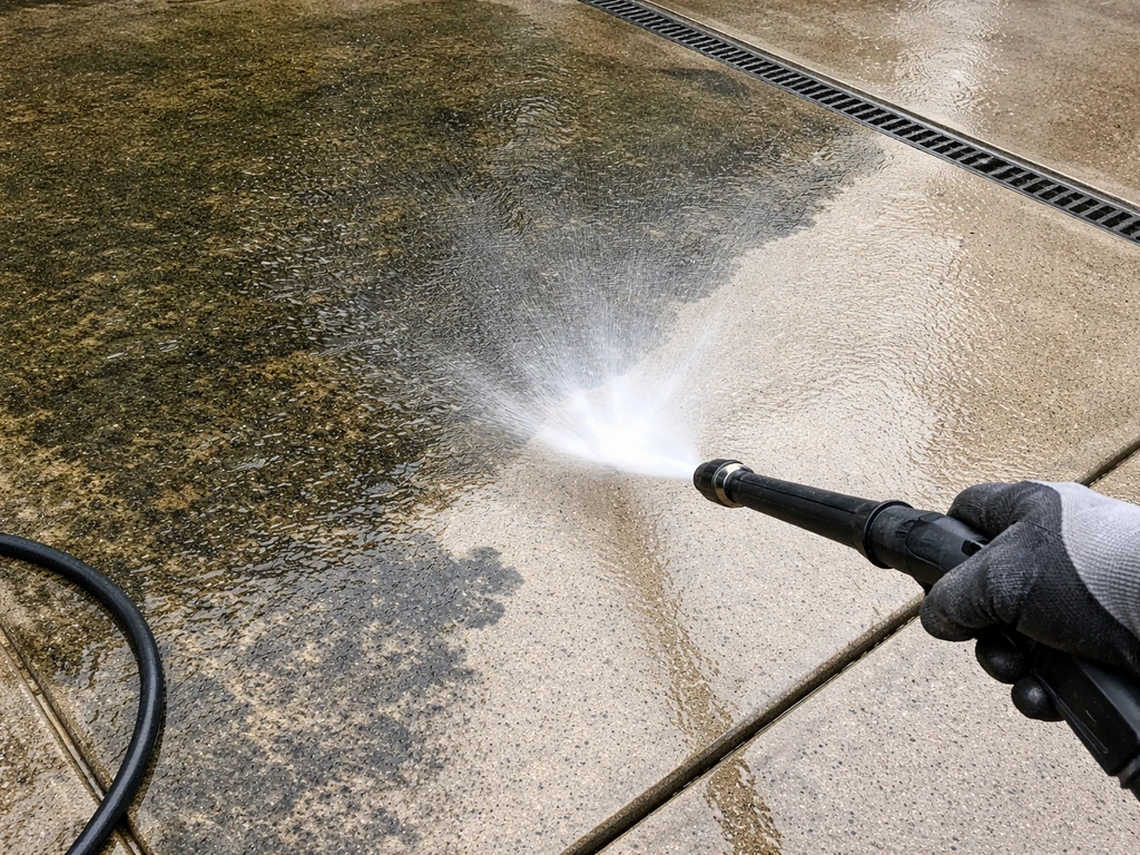 Pressure washer blasting algae off a patio surface, water running toward a drain, restoring clean traction.