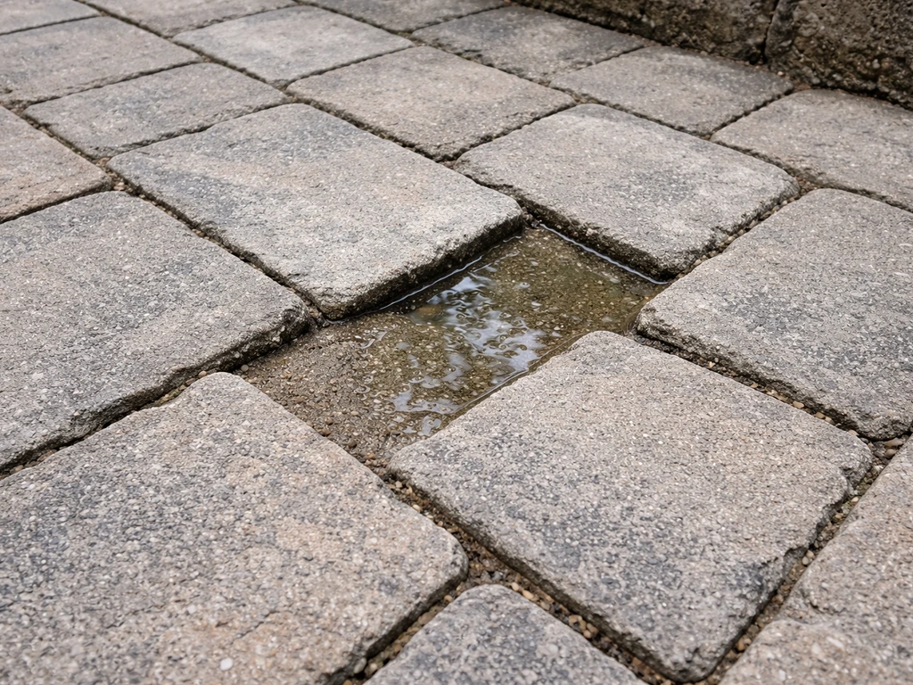 Close view of a paver patio with washed-out joint sand and shallow water pooling between pavers.