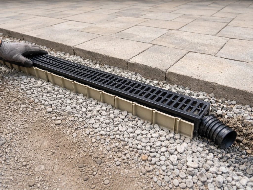 Contractor installing a trench drain across a patio base with gravel and outlet directing water away