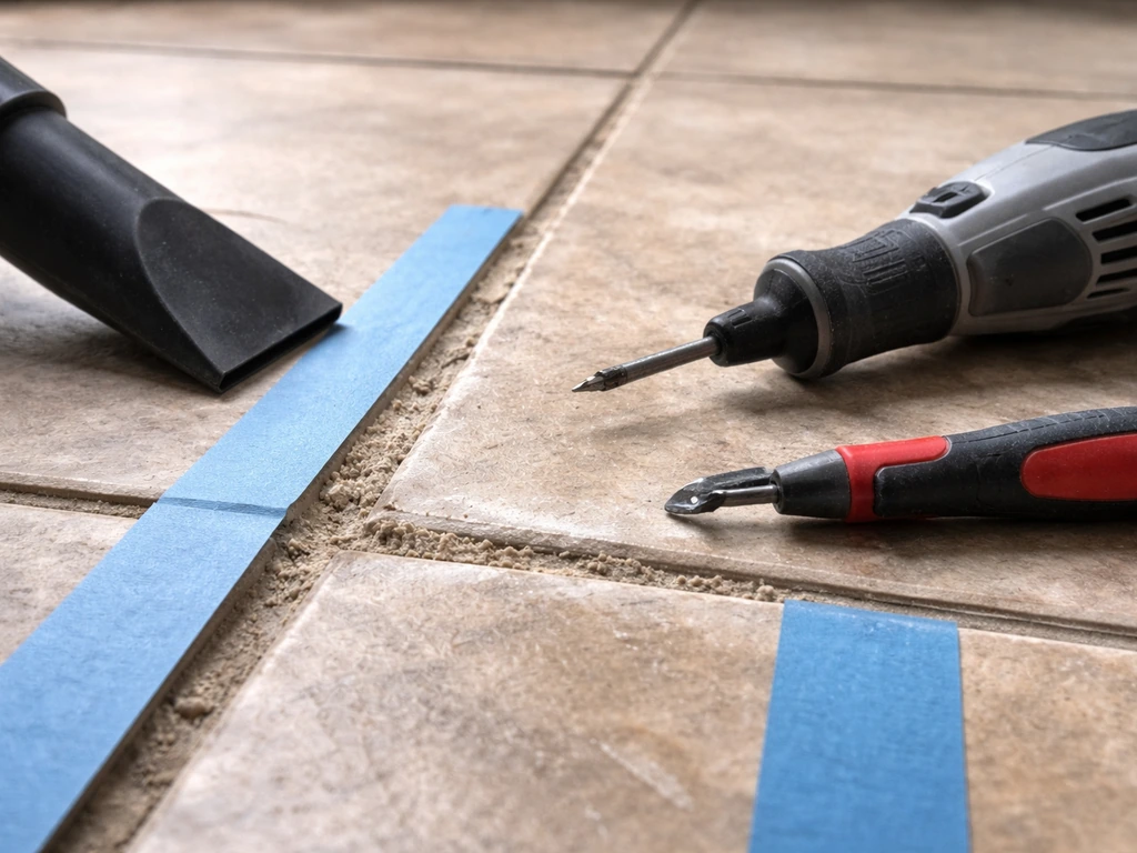 Close-up of a patio tile grout joint being carefully removed with tape protection and tools nearby