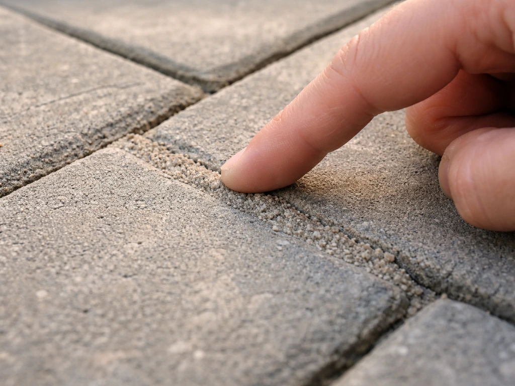 Close-up finger test on a patio grout joint, showing crumbly grout texture.