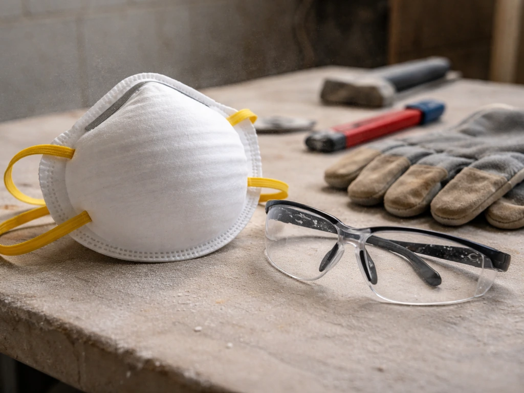 N95 respirator and clear safety glasses on a workbench before grout removal, minimal and dust-aware setup.