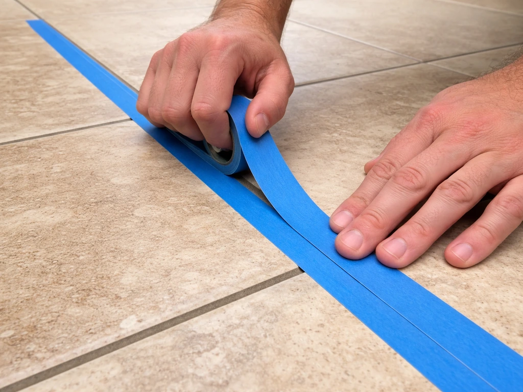 Hands apply painter’s tape along tile edges next to grout lines to protect surfaces.
