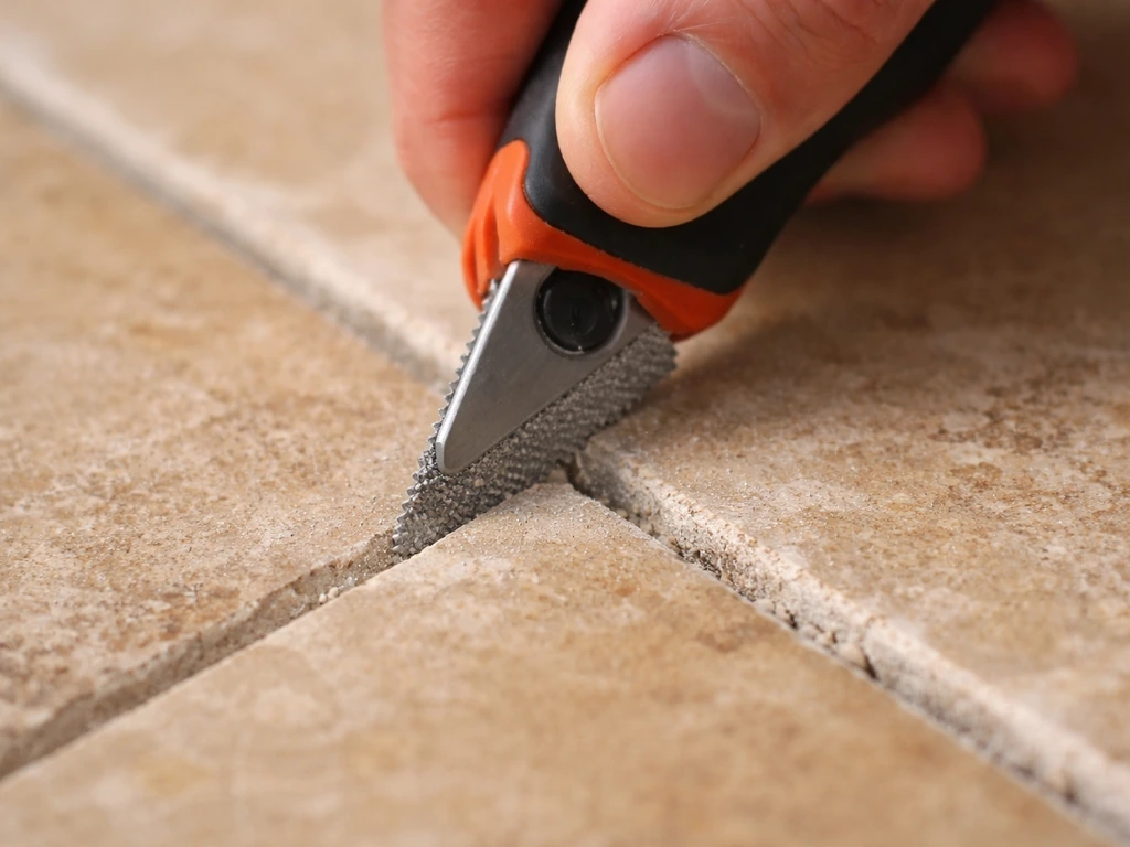 Hands holding a carbide grout saw with blade flat in a narrow travertine grout joint between tiles.