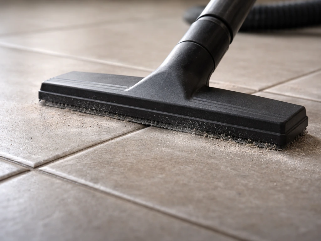 Close-up of a HEPA shop vacuum nozzle moving along tile grout joints and tile edges