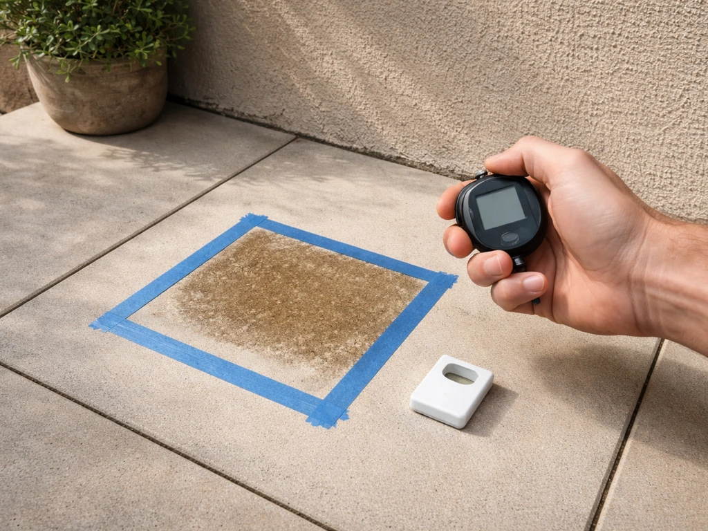 Close-up of a patio corner test patch with stripper brushed on, stopwatch checking dwell time nearby.