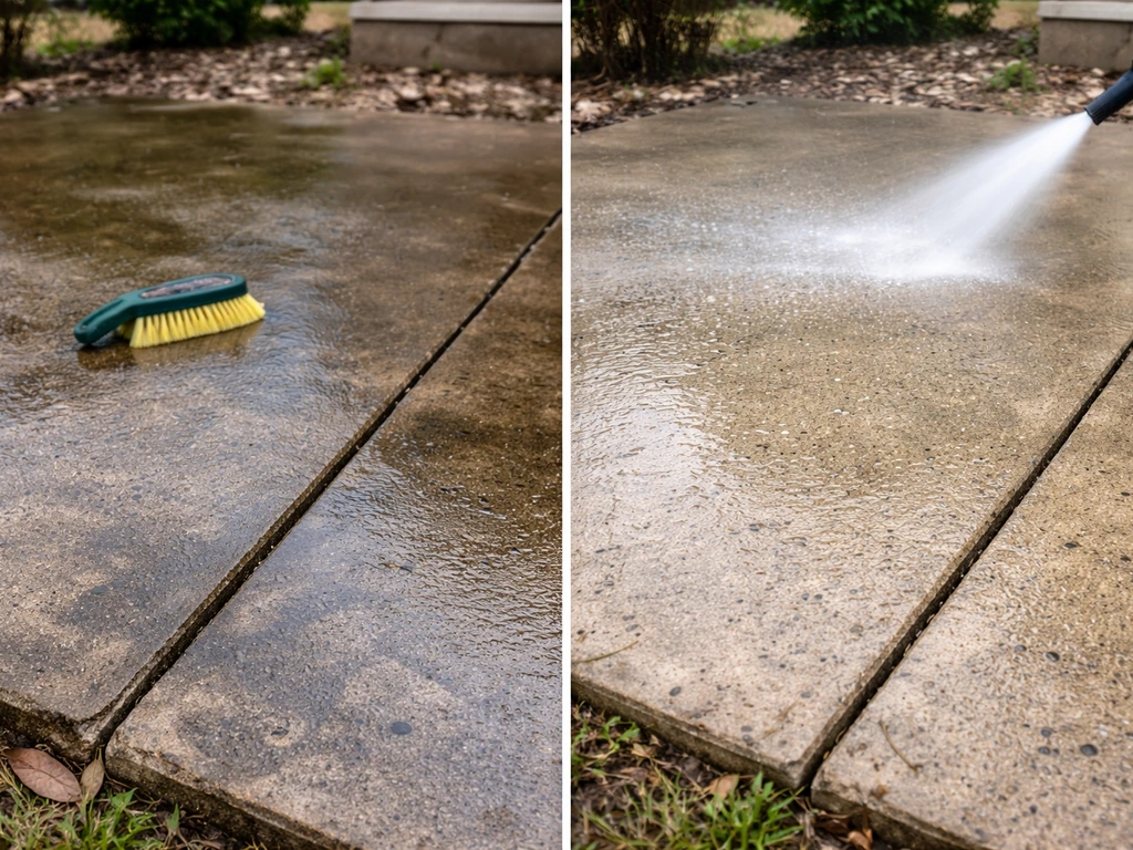 Split view of an outdoor patio slab: left chemically stripped and residue-wet, right scrubbed and pressure-washed.