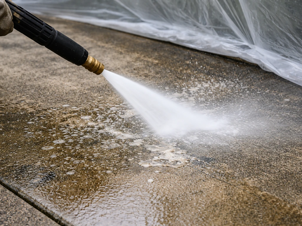 Pressure washer wand angled at concrete surface, blasting loosened residue while controlling overspray