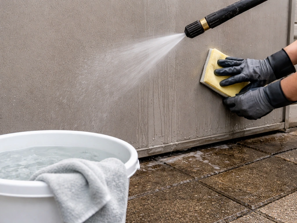 Pressure washer rinsing a stripped outdoor wall with a clean water bucket and sponge for residue cleanup.