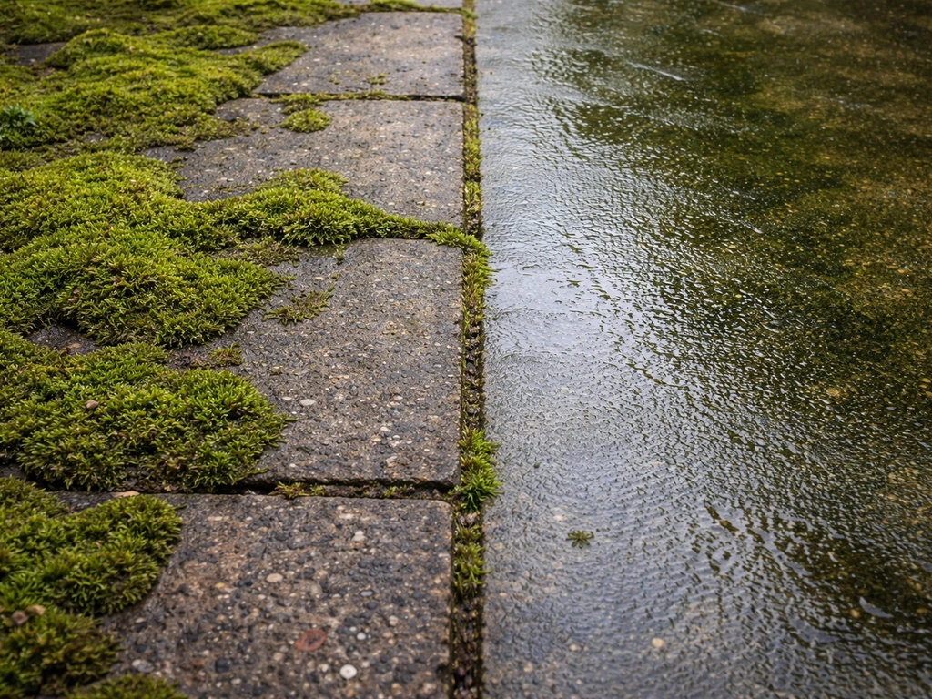 Close-up patio with moss on one side and algae staining on the other for quick diagnosis.