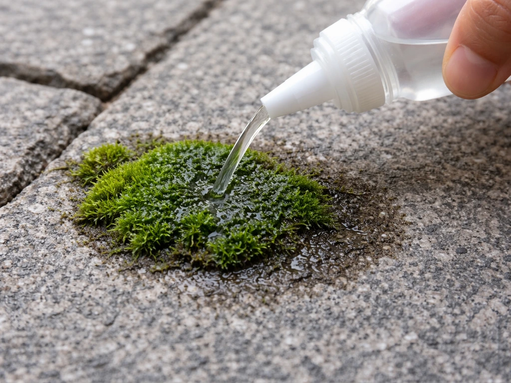 Close-up of white vinegar being applied to moss on a stone surface, with wet dwell time visible.