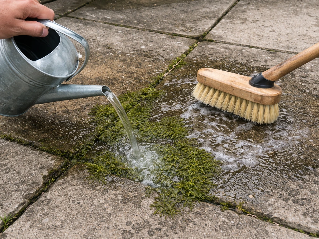 Concrete patio moss being saturated with cleaner and brushed with a stiff broom before rinsing