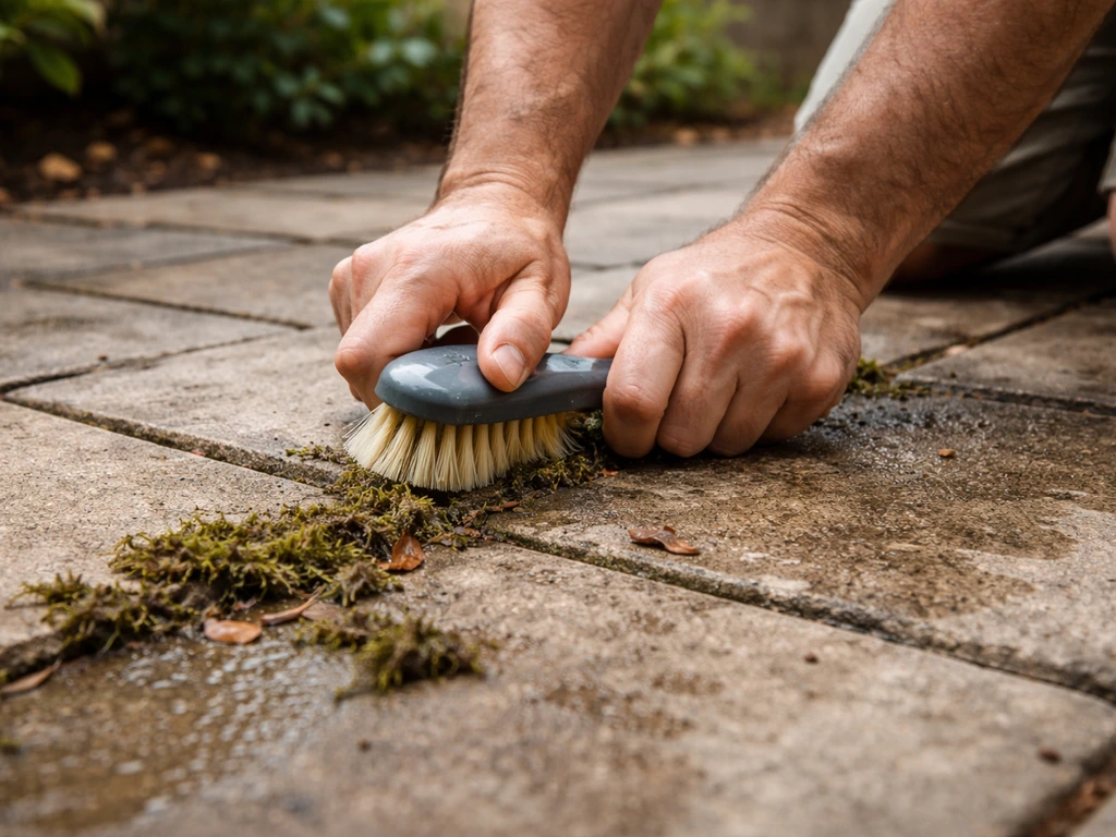 Person using a small brush to clean patio joints where moss is likely to regrow