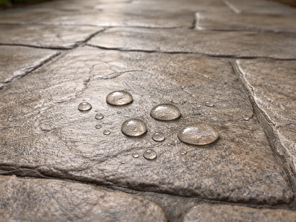 Close-up of water beads on stamped concrete patio surface showing whether it’s sealed.