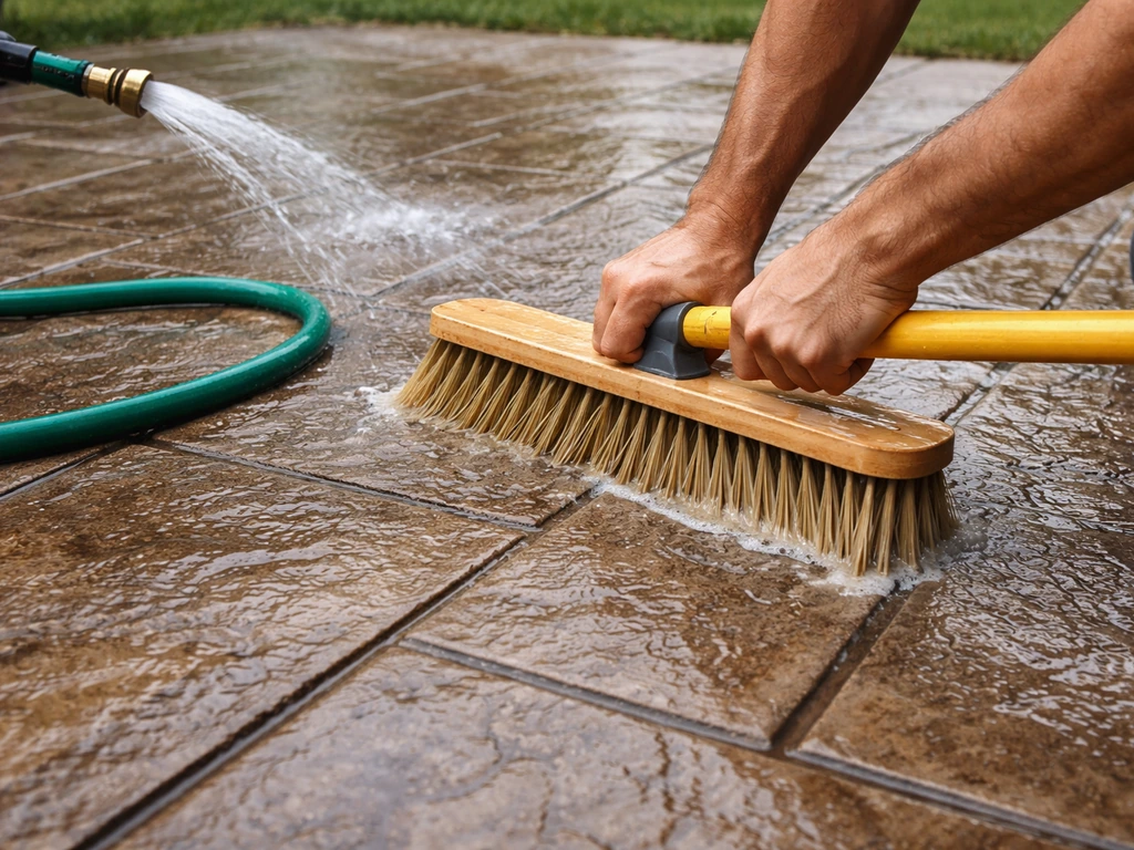 Hands scrub a wet stamped concrete patio with a stiff broom while water from a hose runs nearby.