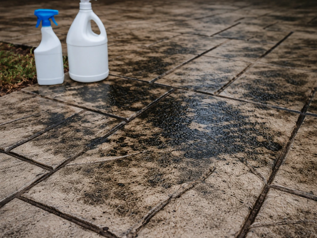 Close-up of black mold and algae streaks on stamped concrete with cleaning bottles nearby