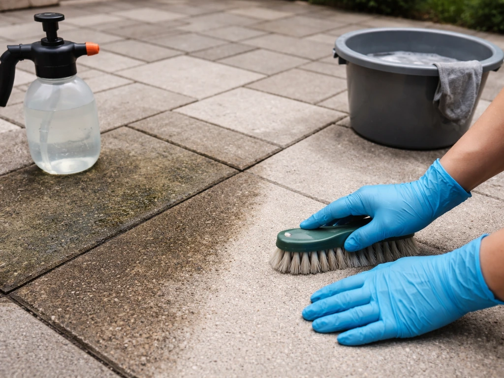 Cleaned versus mold-stained concrete patio section with gloved hands scrubbing; sprayer and bucket nearby.