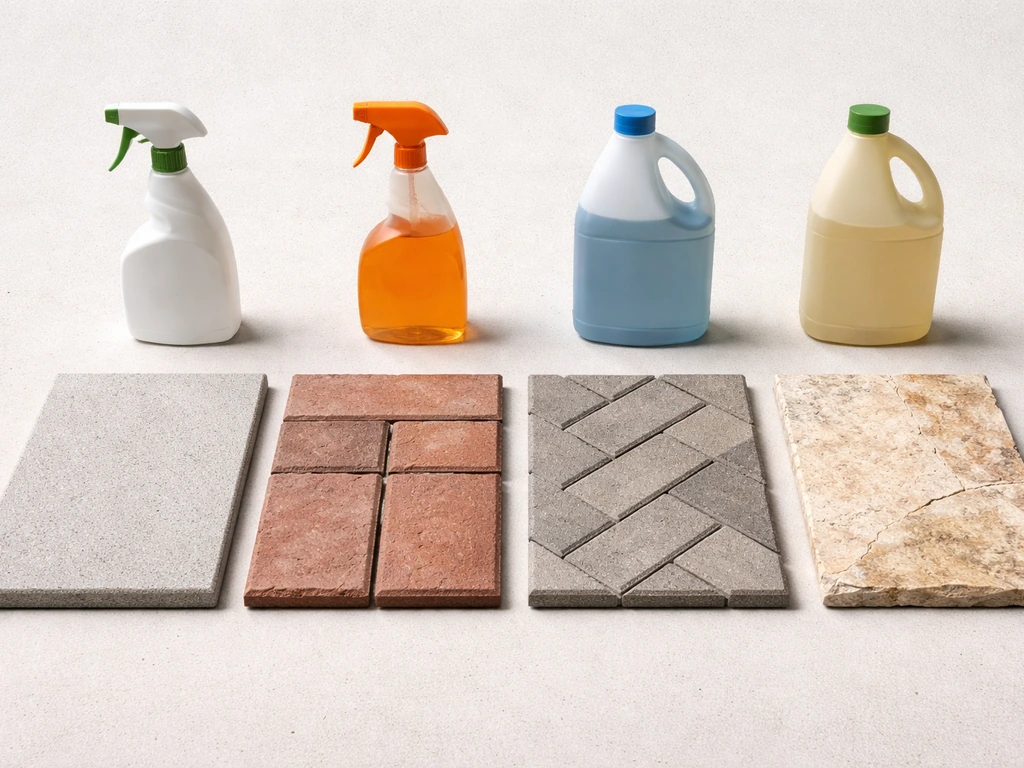 Four patio surface samples (concrete, brick, pavers, travertine) with matching generic cleaner bottles.