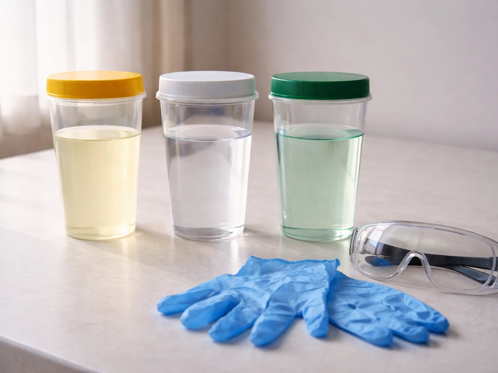 Side-by-side containers of diluted bleach, white vinegar, and muriatic acid with visible safety gear