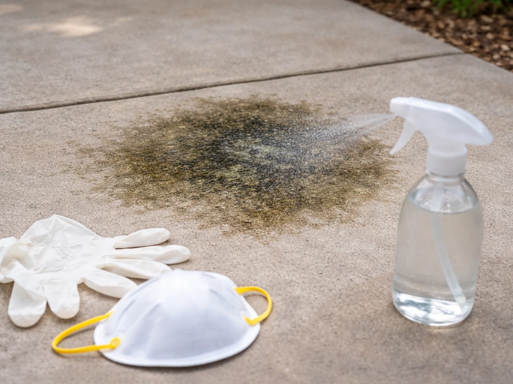 Spray bottle misting white vinegar onto mold-stained patio, wet sheen visible, PPE items nearby.