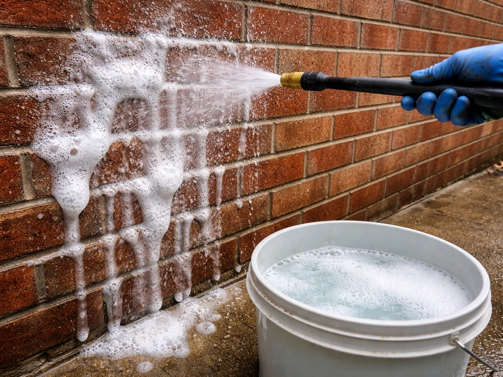 Oxygen bleach mixed in a bucket, applied to a brick wall with foaming bubbles