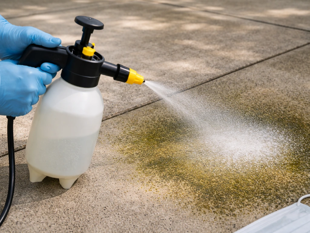 Gloved person sprays diluted sodium hypochlorite on algae-stained patio concrete, wet dwell area visible.