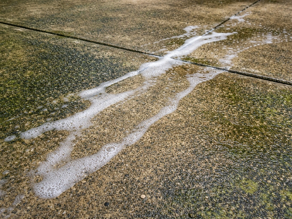 Wet patio with bleach solution fading green algae stains, showing algae loss on concrete.