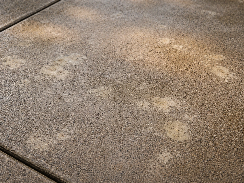 Close-up of porous patio concrete with bleach residue and faint spotting, left overnight